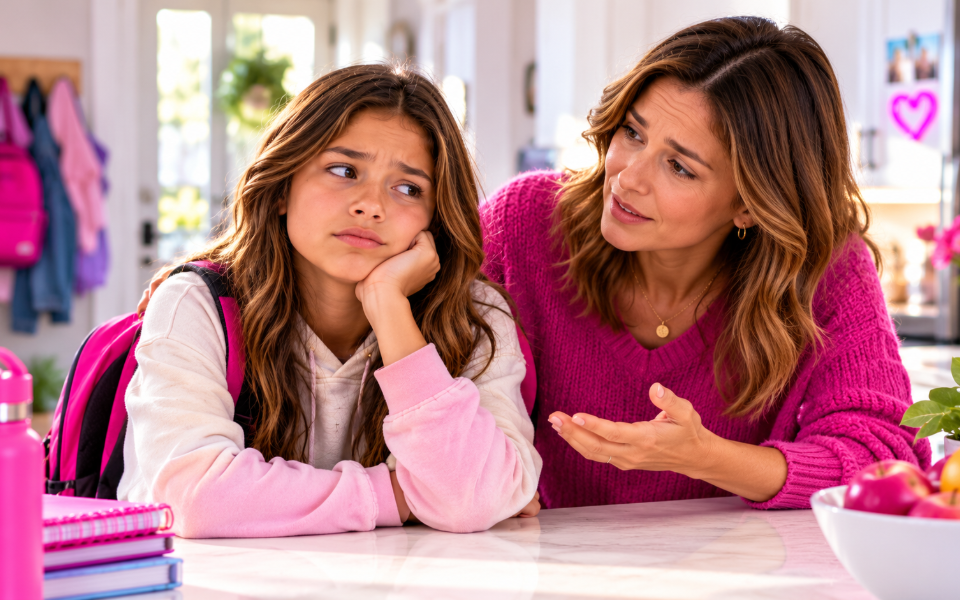 A girl rests her chin on her hand at a kitchen counter while her mom leans in to talk
