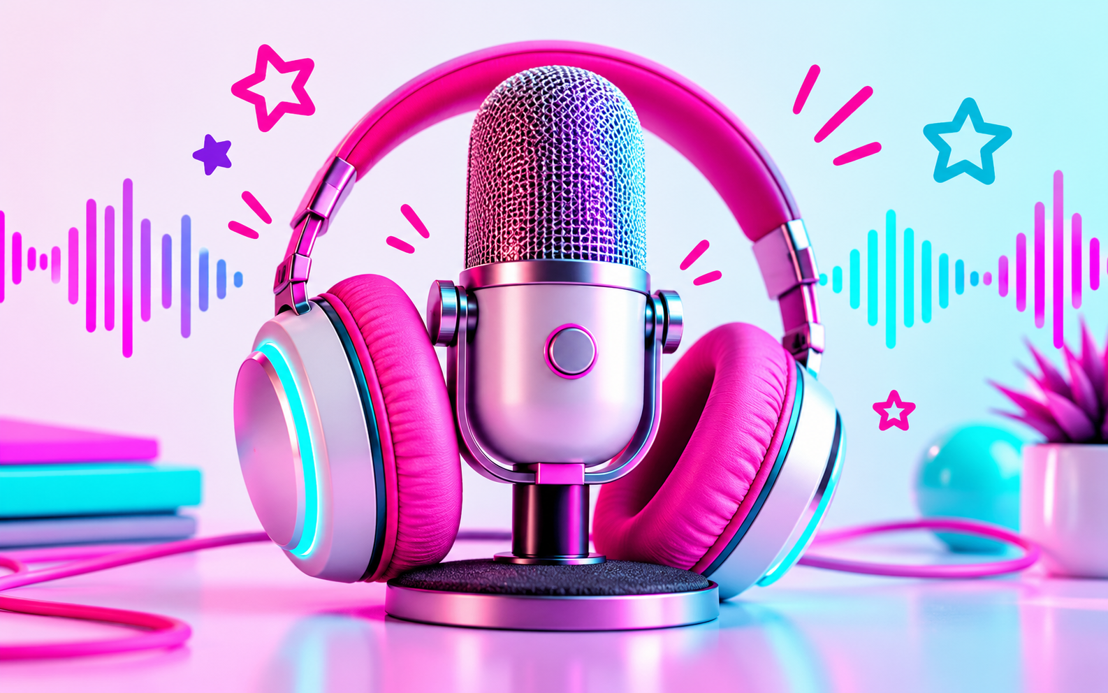 A pink microphone with headphones and sound waves