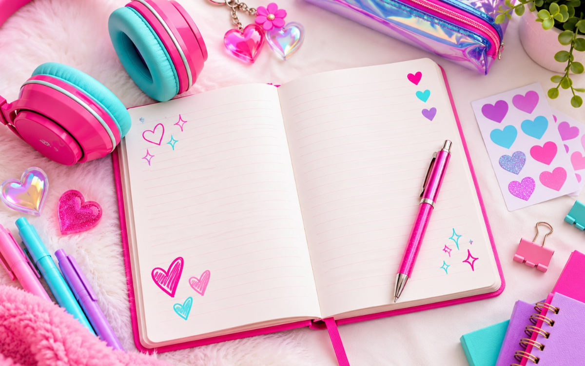 An open lined journal with hand-drawn hearts and a pink pen, beside pink headphones and heart stickers
