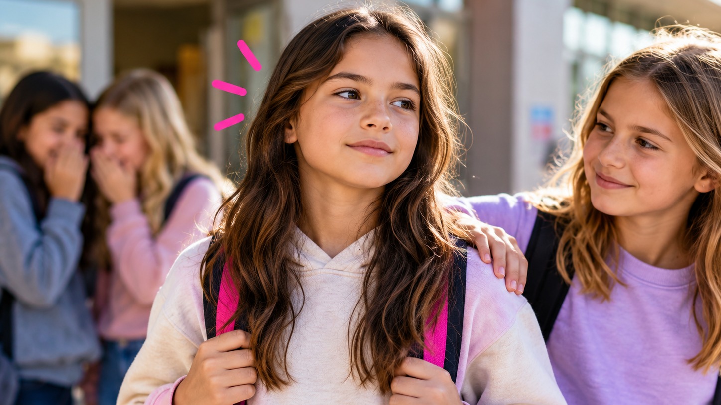 A girl glances aside while a friend rests a hand on her shoulder and two girls whisper behind them