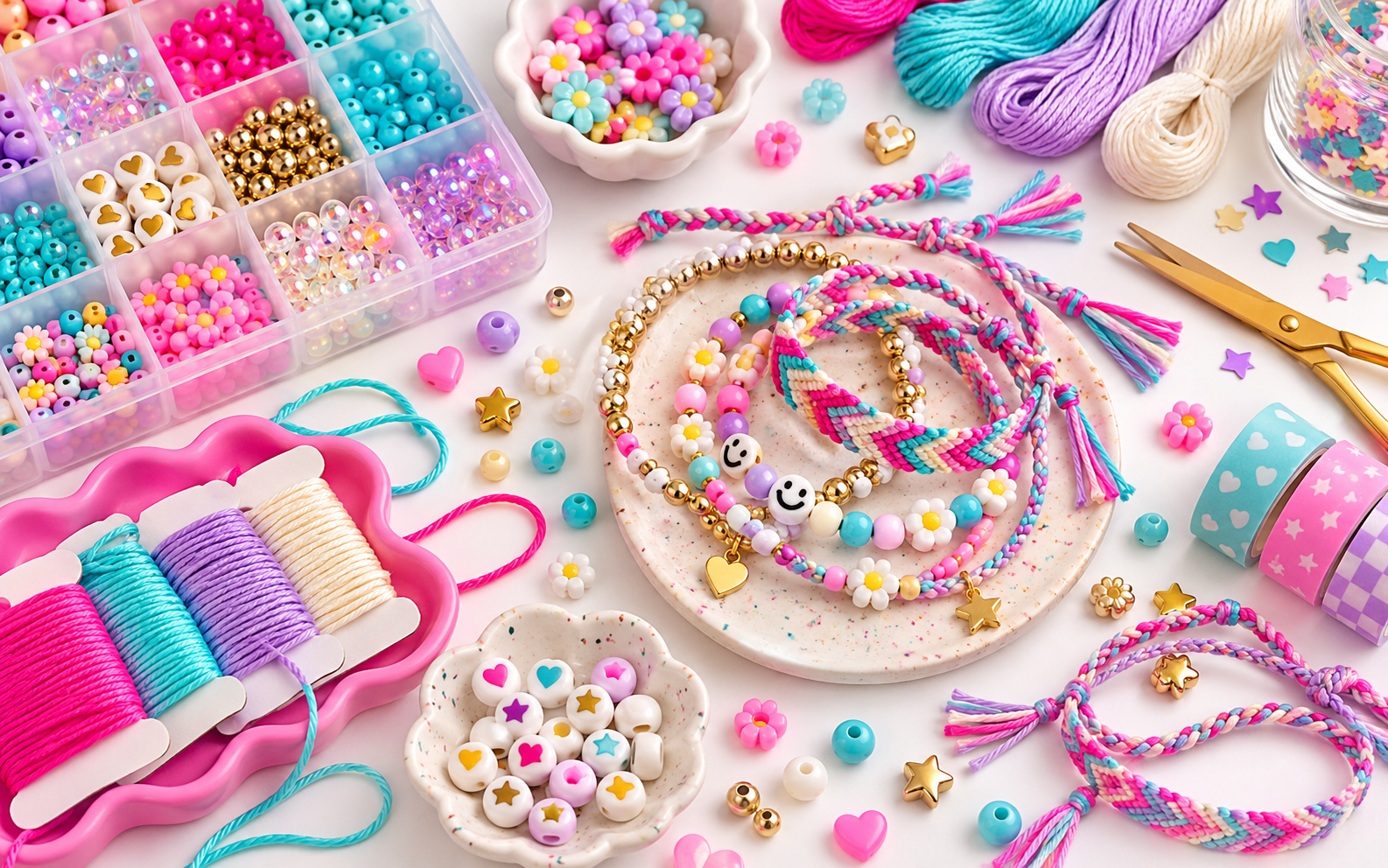 Friendship bracelets, beads and thread on a craft table
