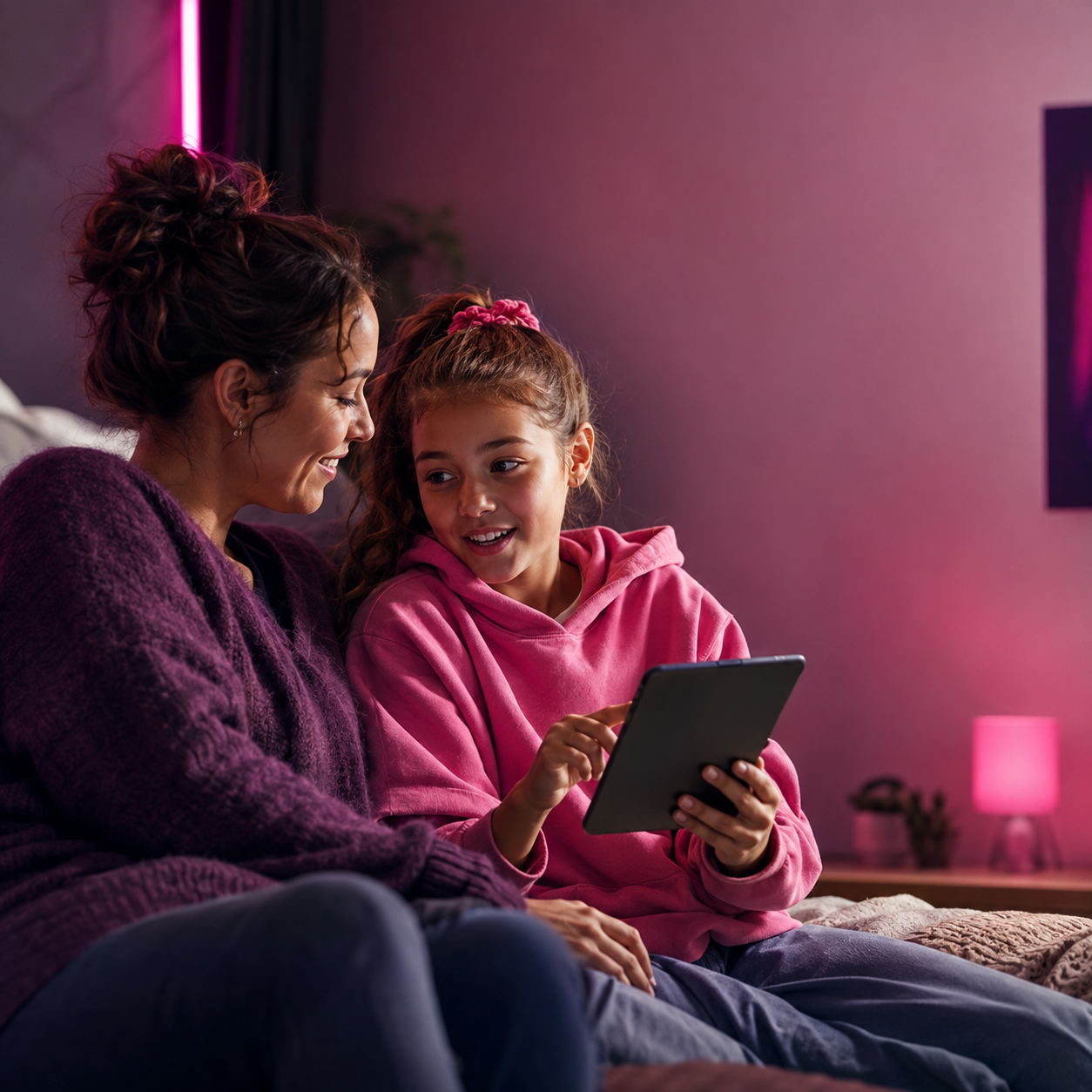 A girl and her grown-up looking at Neon Pink together on a tablet